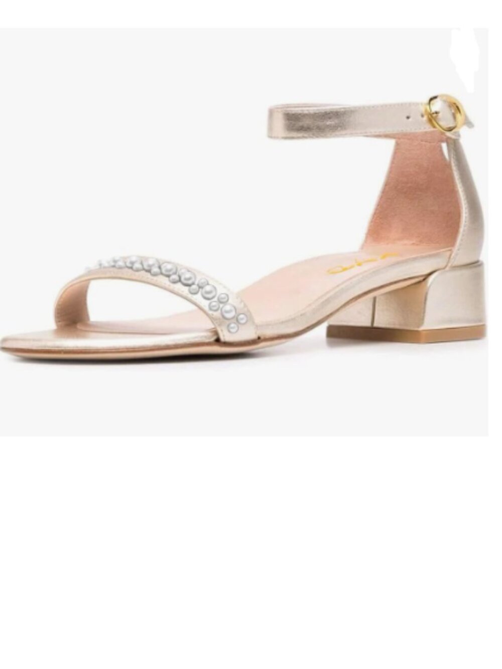 XYD Light Gold Pearls Open Toe Strappy Low Block Heel Ankle Strap Buckle Sandal